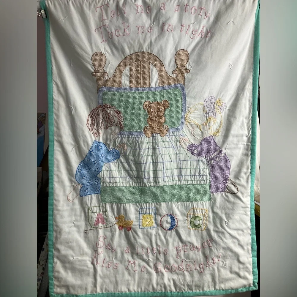 Vintage HandmadeCross Stitched Baby Blanket/Nursery/Infant, Multicolored